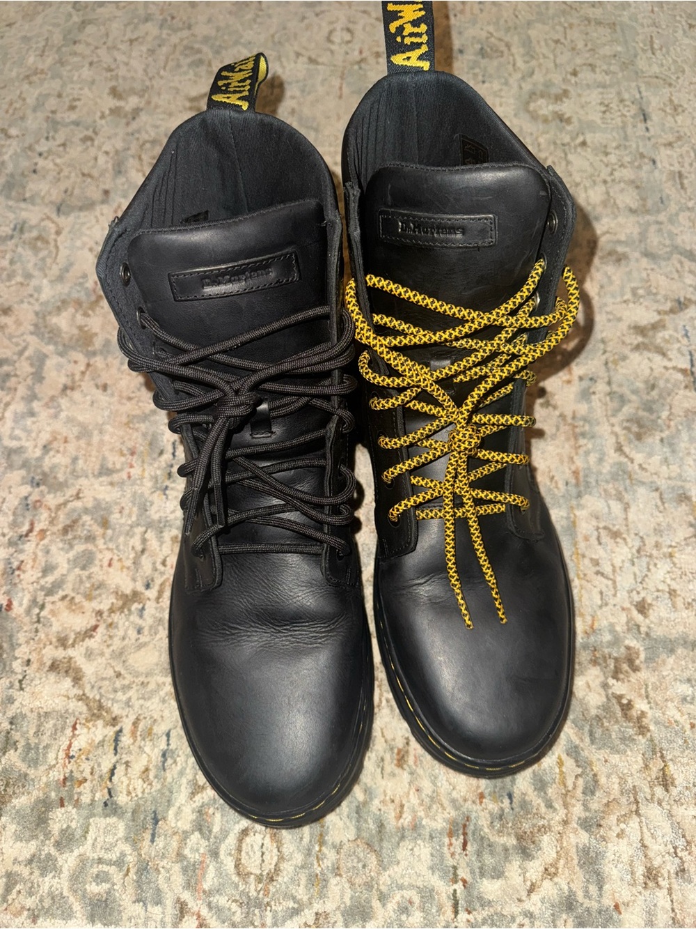 Dr. Martens Black Leather Lace-Up Boots with Yellow Accents